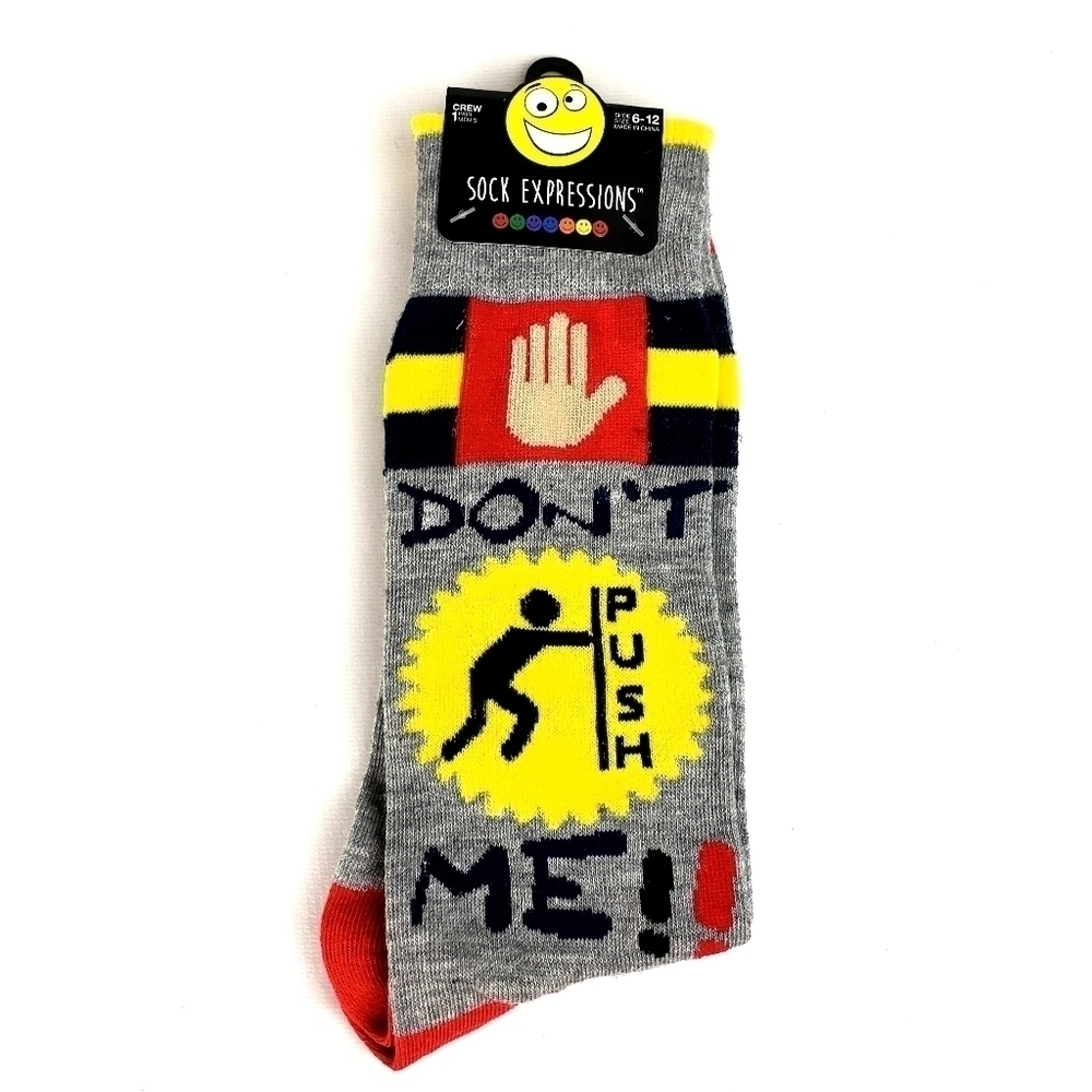 UNISEX Funky Socks Fashion Crew Socks size 6-12 Gray "Don't Push Me"